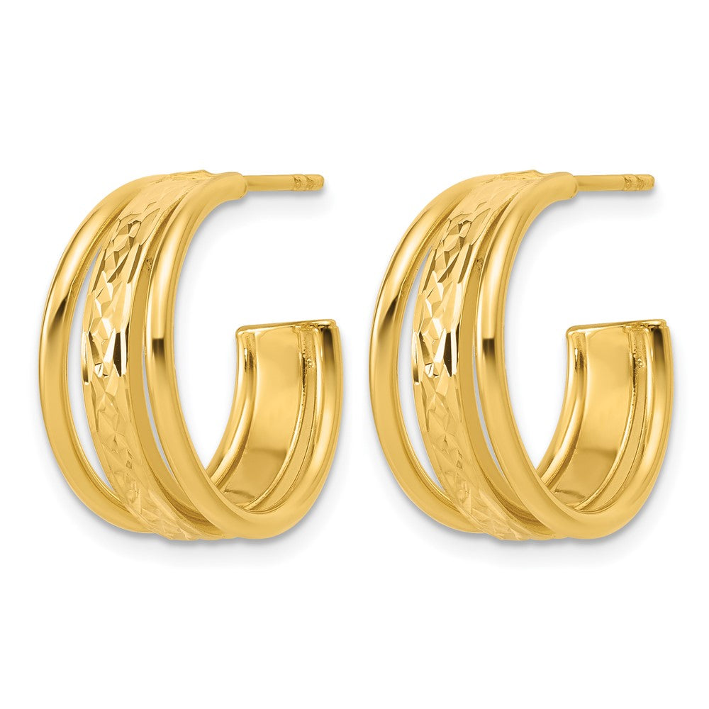 14K Polished and Diamond-cut 3-Row J-Hoop Post Earrings