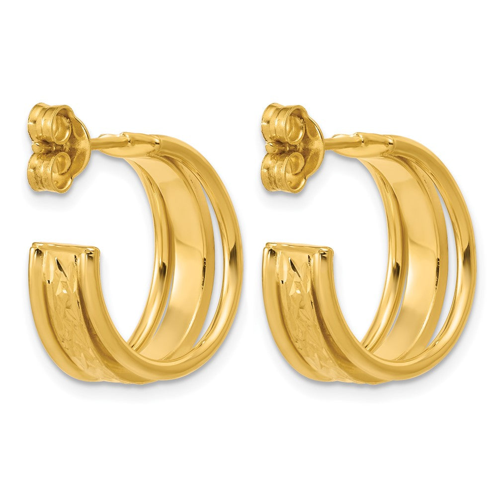 14K Polished and Diamond-cut 3-Row J-Hoop Post Earrings