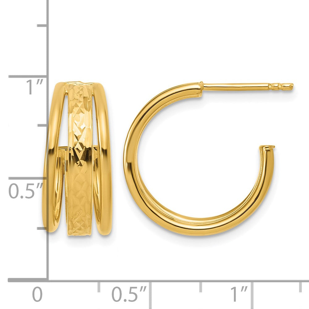 14K Polished and Diamond-cut 3-Row J-Hoop Post Earrings