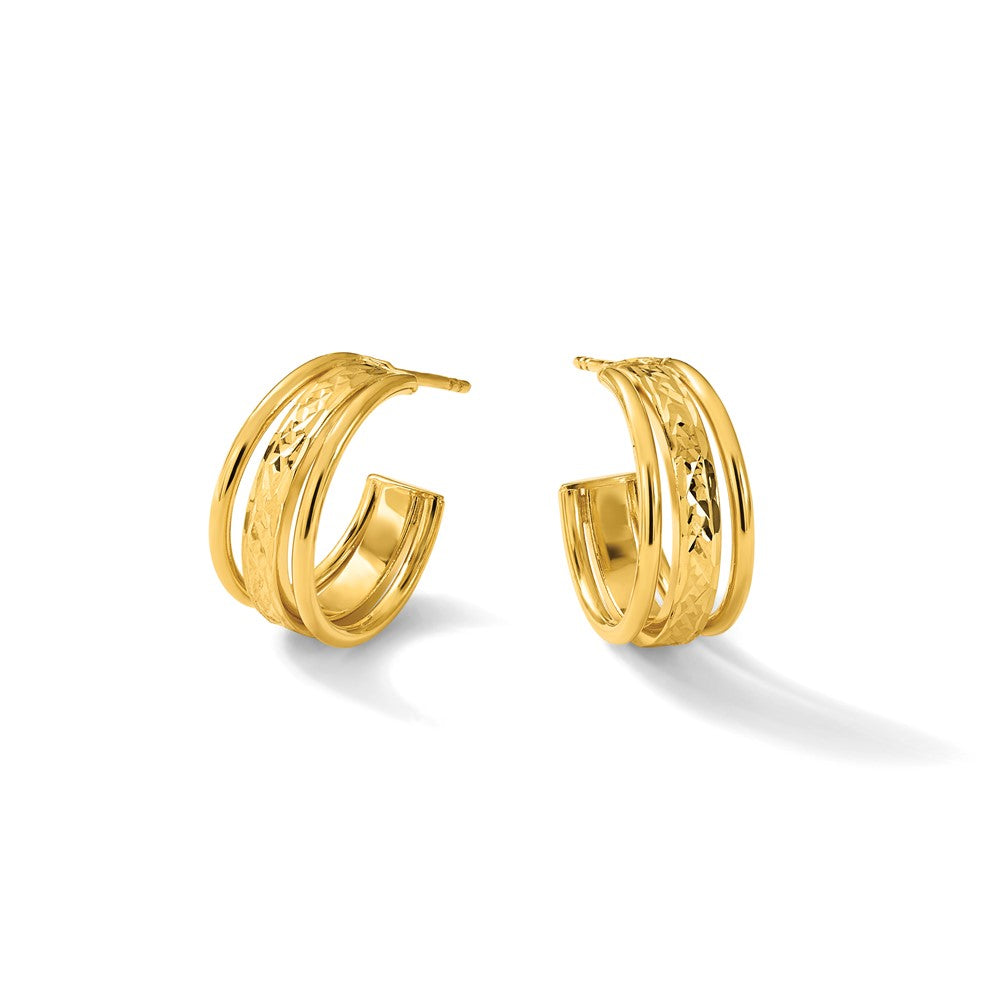 14K Polished and Diamond-cut 3-Row J-Hoop Post Earrings