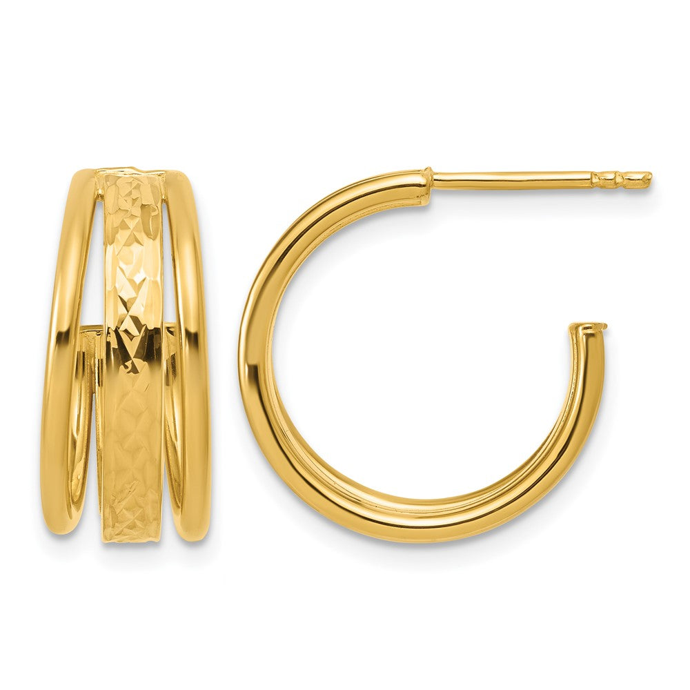 14K Polished and Diamond-cut 3-Row J-Hoop Post Earrings