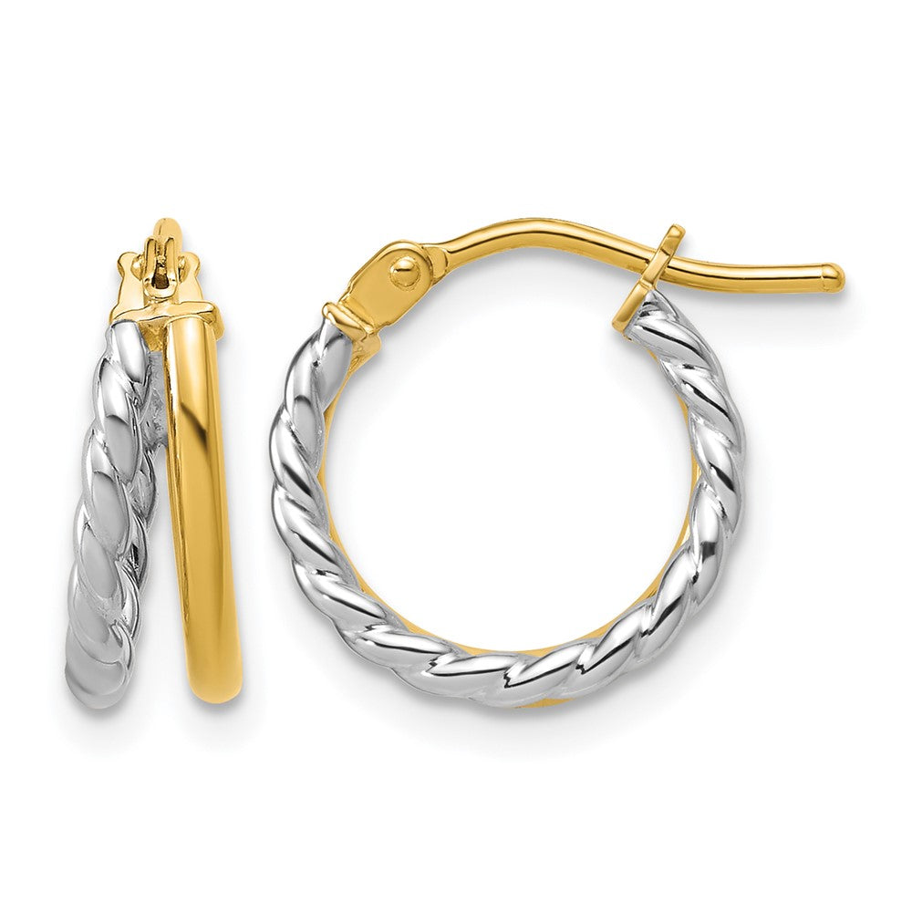 14K w/Rhodium Polished and Twisted 2-row J-Hoop Earrings