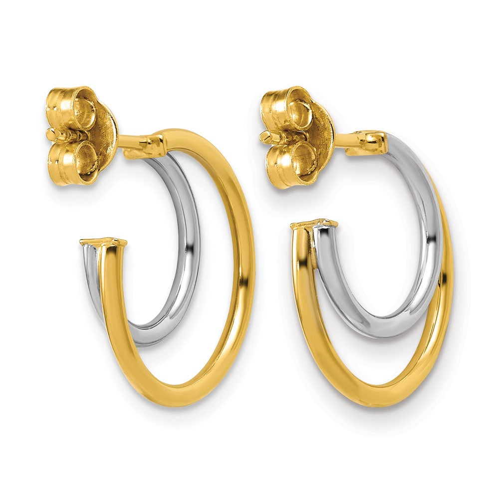 14K w/Rhodium Polished 2-row J-Hoop Post Earrings