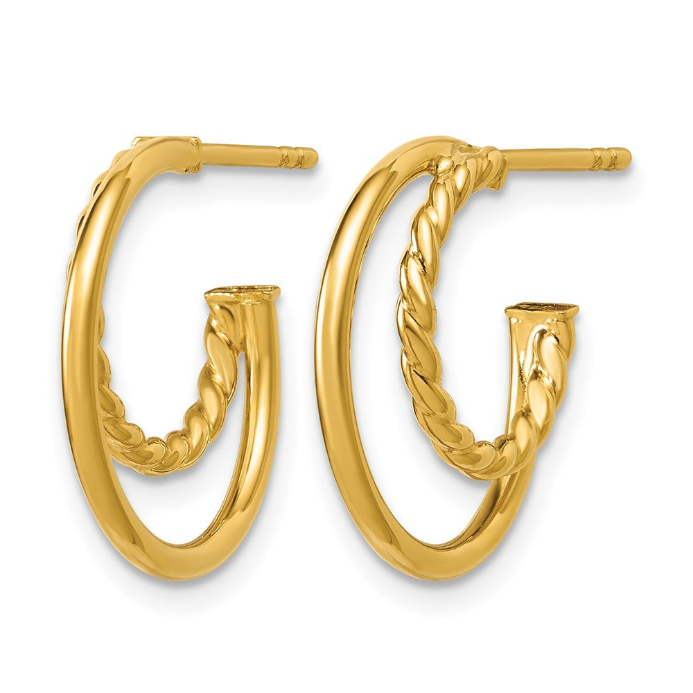 14K Polished and Twisted 2-row J-Hoop Post Earrings