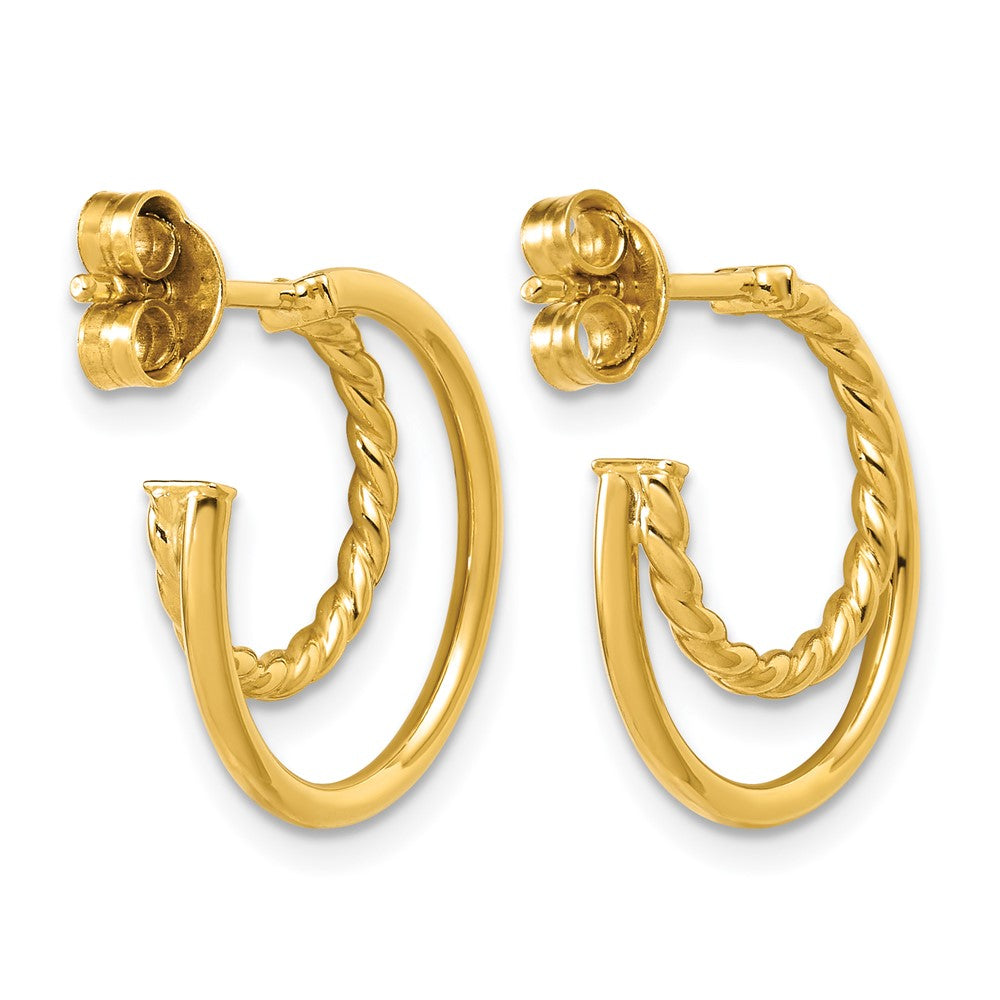 14K Polished and Twisted 2-row J-Hoop Post Earrings