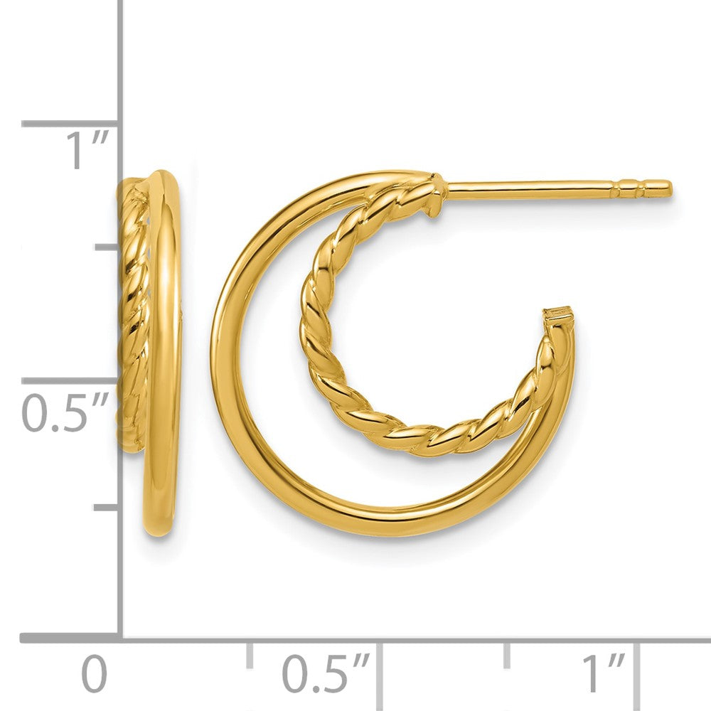 14K Polished and Twisted 2-row J-Hoop Post Earrings