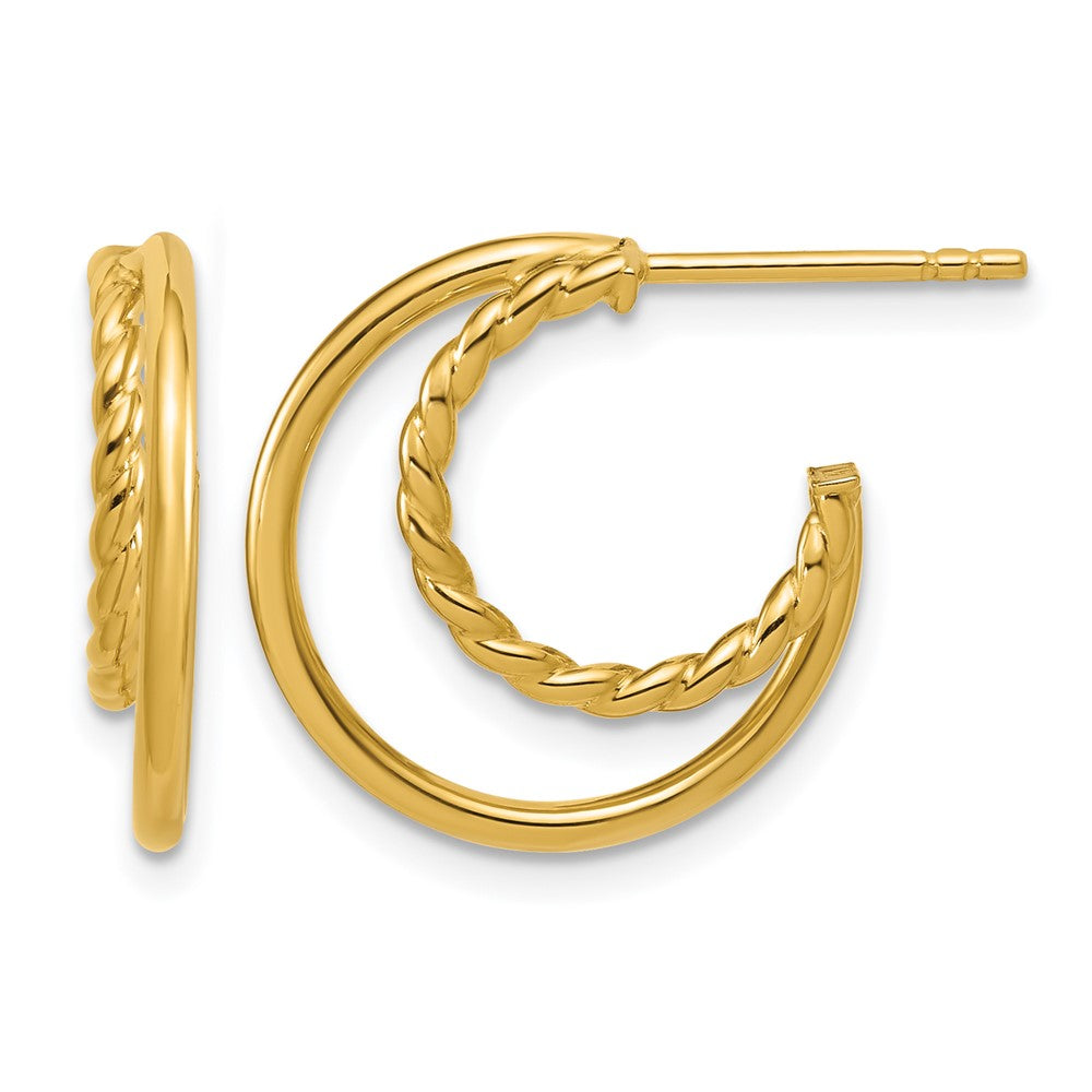 14K Polished and Twisted 2-row J-Hoop Post Earrings
