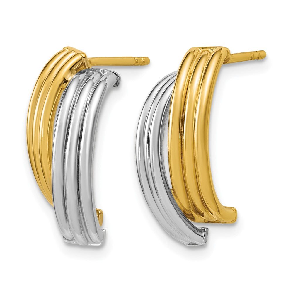 14K w/Wht RH-plating Polished/Grooved J-Hoop Post Earrings
