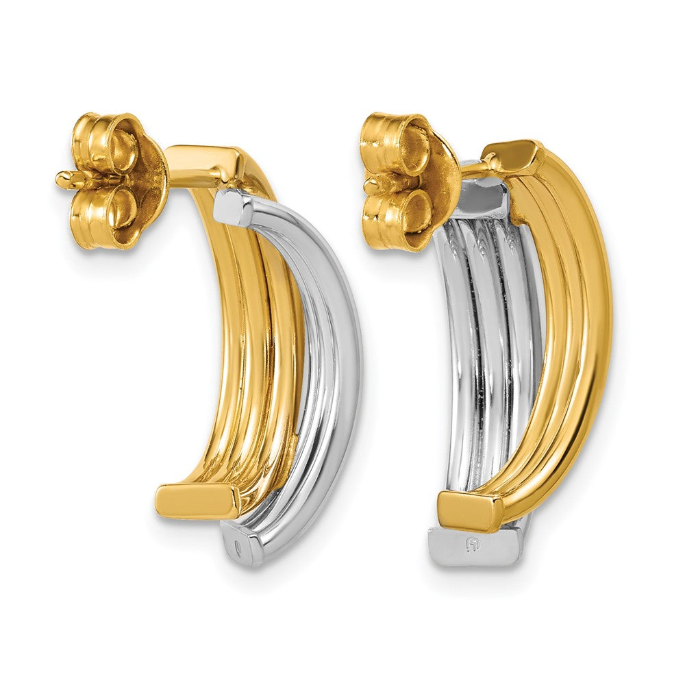 14K w/Wht RH-plating Polished/Grooved J-Hoop Post Earrings