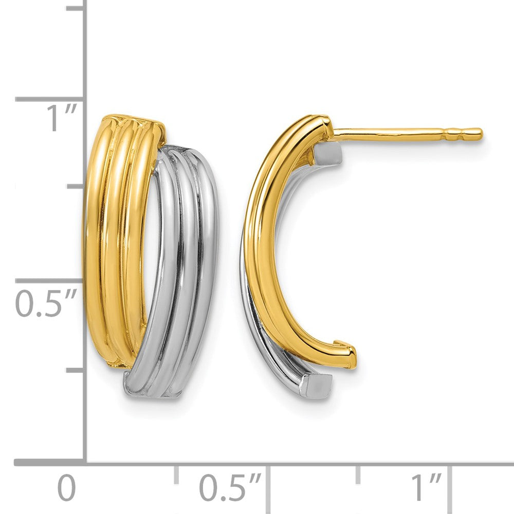 14K w/Wht RH-plating Polished/Grooved J-Hoop Post Earrings