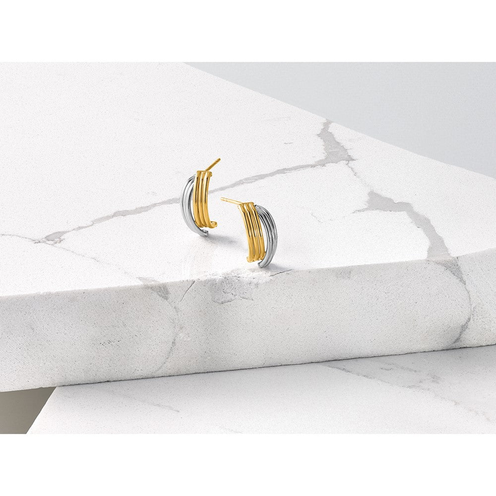 14K w/Wht RH-plating Polished/Grooved J-Hoop Post Earrings