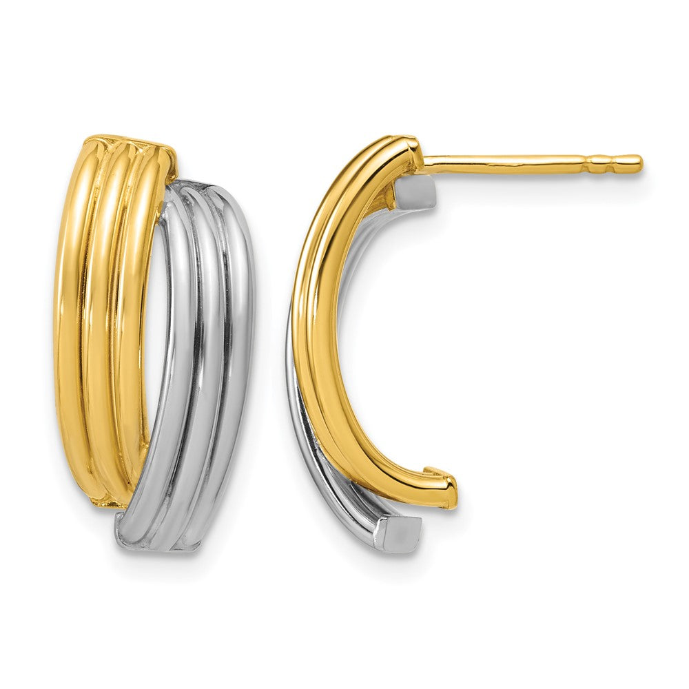 14K w/Wht RH-plating Polished/Grooved J-Hoop Post Earrings