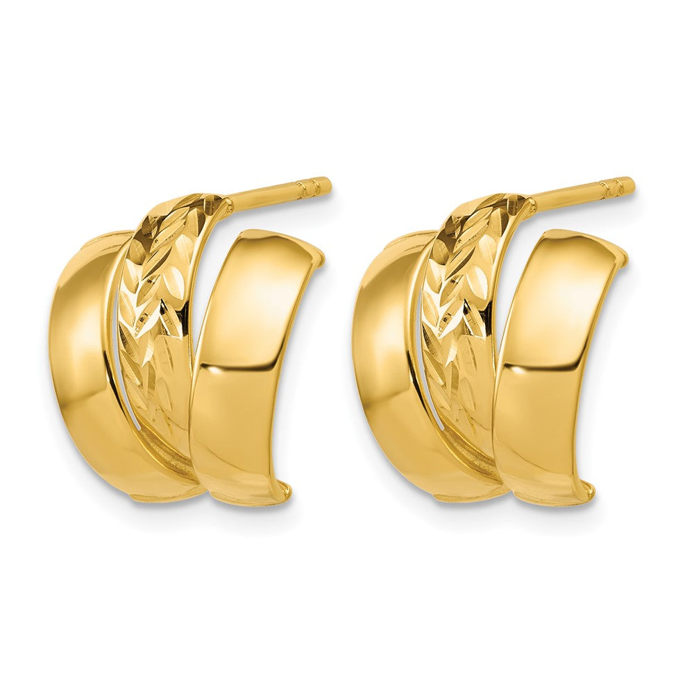 14K Polished and Diamond-cut 3-row J-Hoop Post Earrings