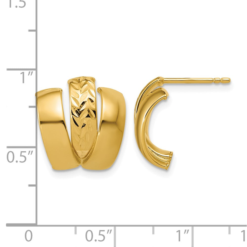 14K Polished and Diamond-cut 3-row J-Hoop Post Earrings