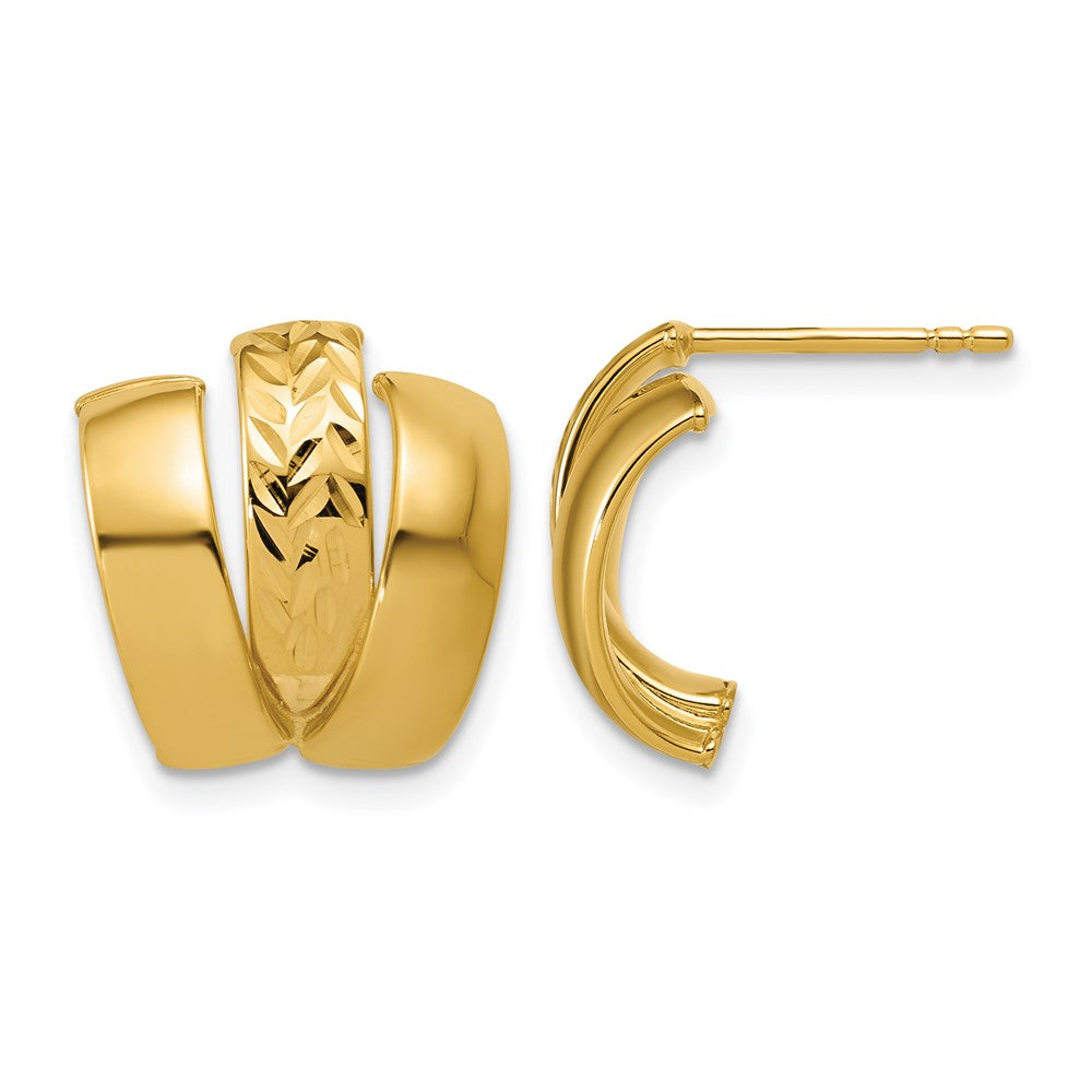 14K Polished and Diamond-cut 3-row J-Hoop Post Earrings