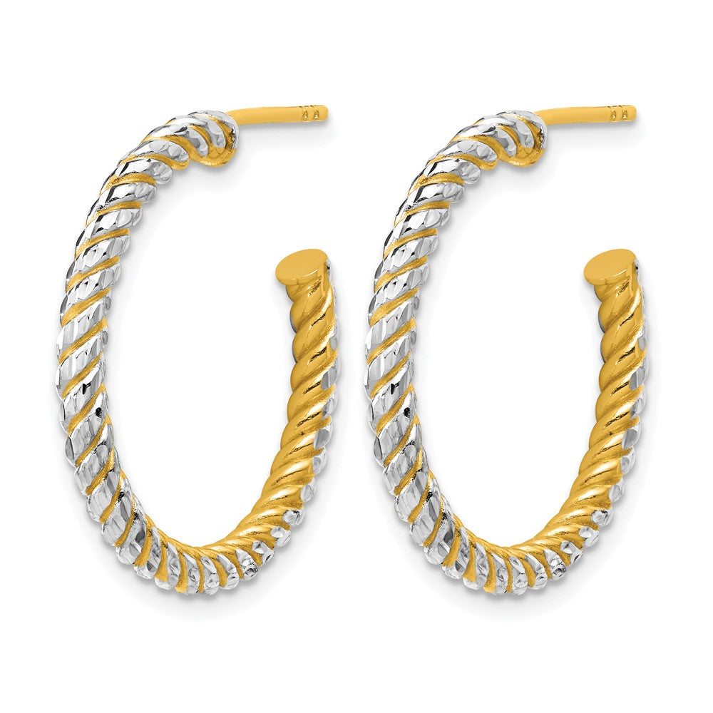 14K w/Rhodium Polished and Diamond-cut J-Hoop Earrings