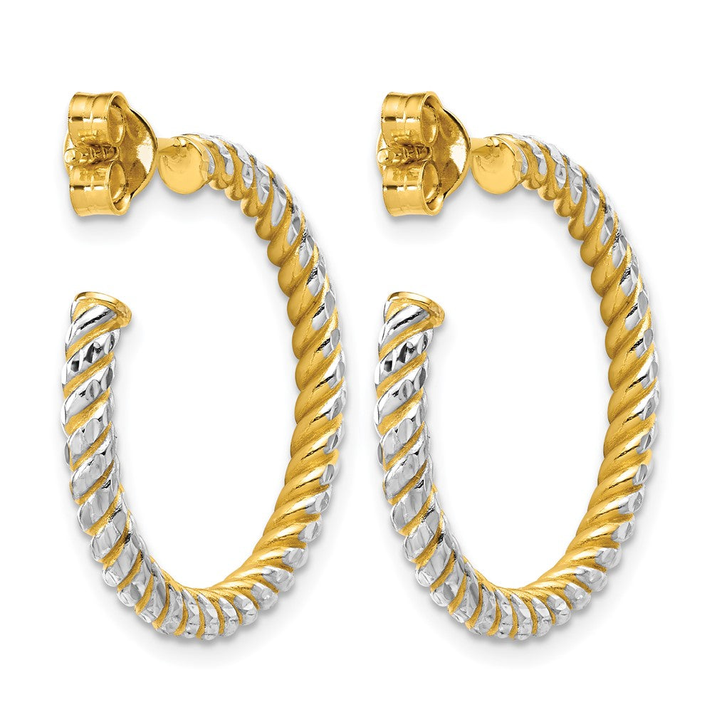14K w/Rhodium Polished and Diamond-cut J-Hoop Earrings