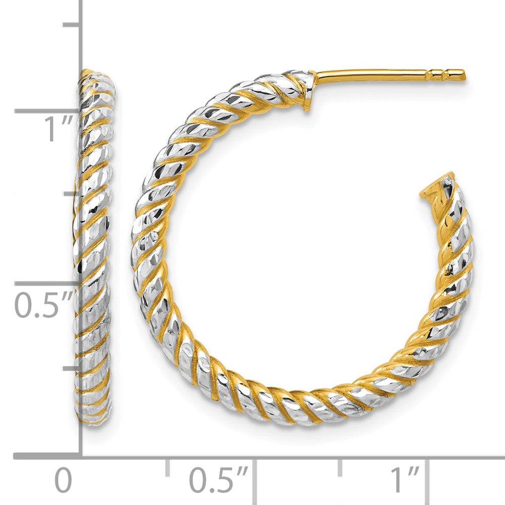 14K w/Rhodium Polished and Diamond-cut J-Hoop Earrings
