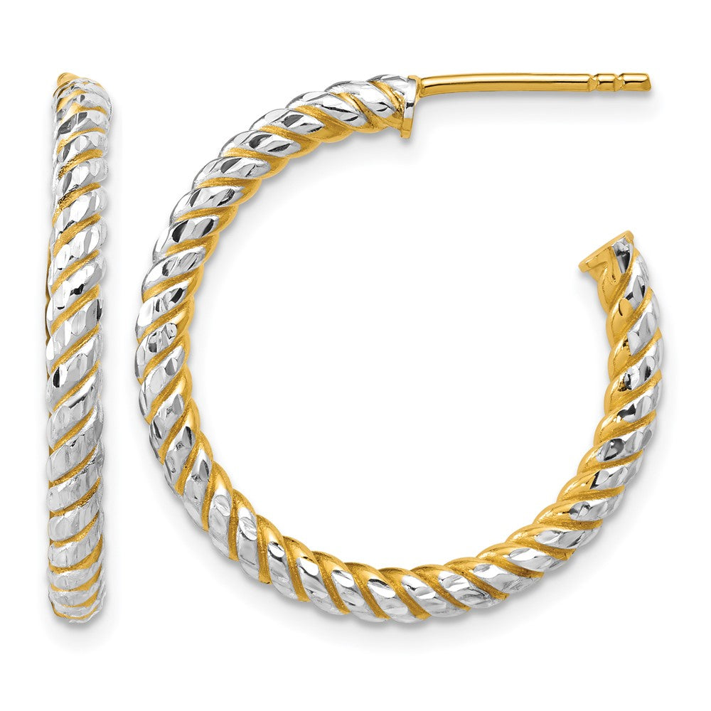 14K w/Rhodium Polished and Diamond-cut J-Hoop Earrings