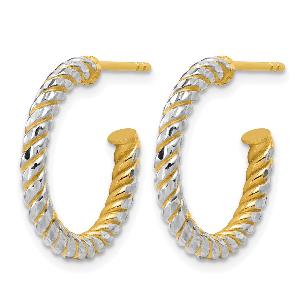 14K w/Rhodium Polished and Diamond-cut J-Hoop Earrings