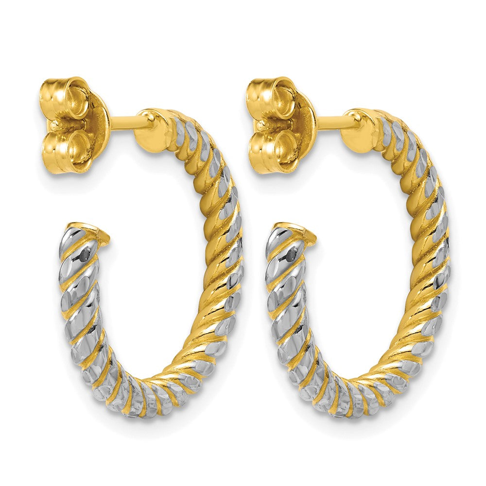 14K w/Rhodium Polished and Diamond-cut J-Hoop Earrings