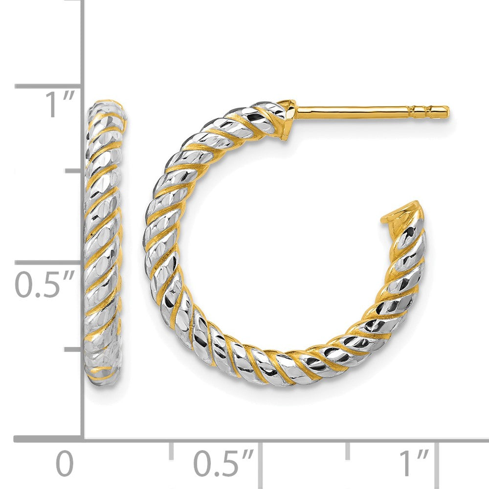 14K w/Rhodium Polished and Diamond-cut J-Hoop Earrings