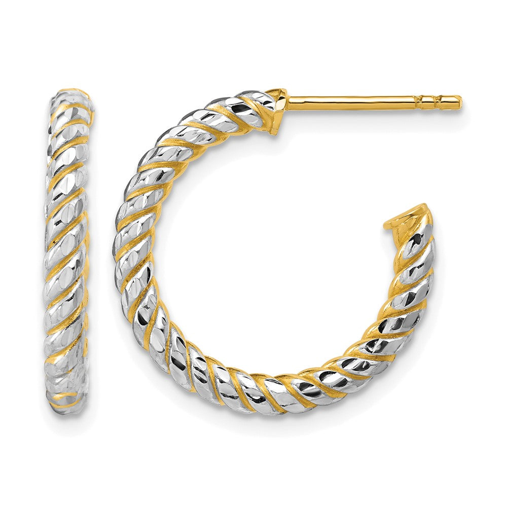 14K w/Rhodium Polished and Diamond-cut J-Hoop Earrings
