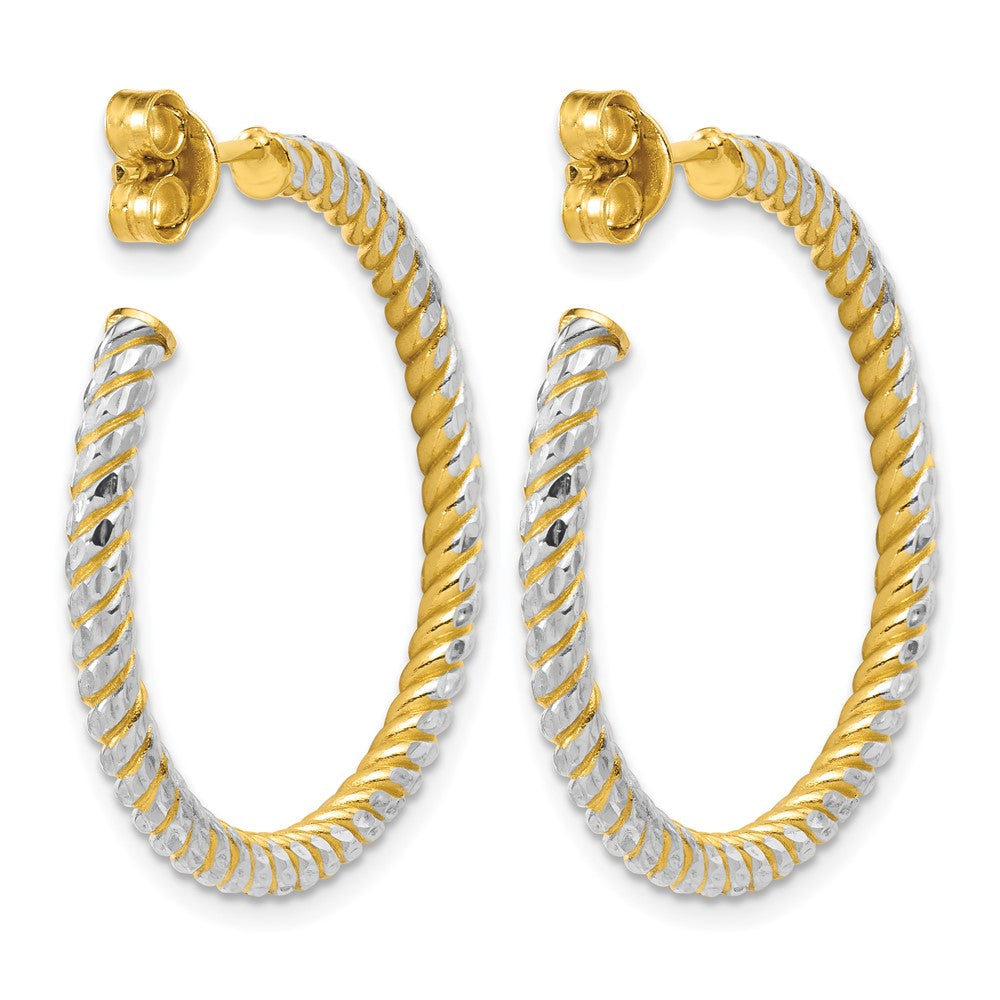 14K w/Rhodium Polished and Diamond-cut J-Hoop Earrings