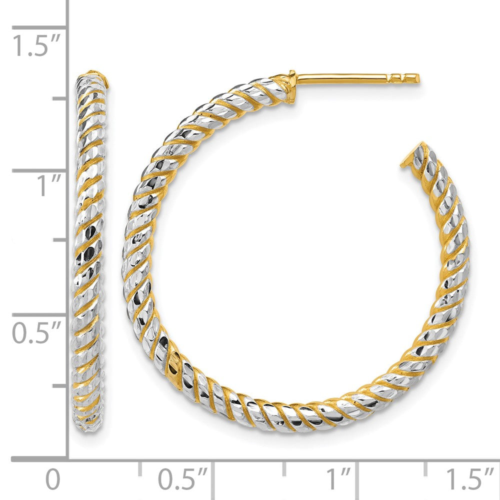 14K w/Rhodium Polished and Diamond-cut J-Hoop Earrings