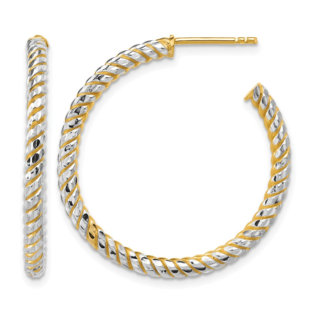14K w/Rhodium Polished and Diamond-cut J-Hoop Earrings