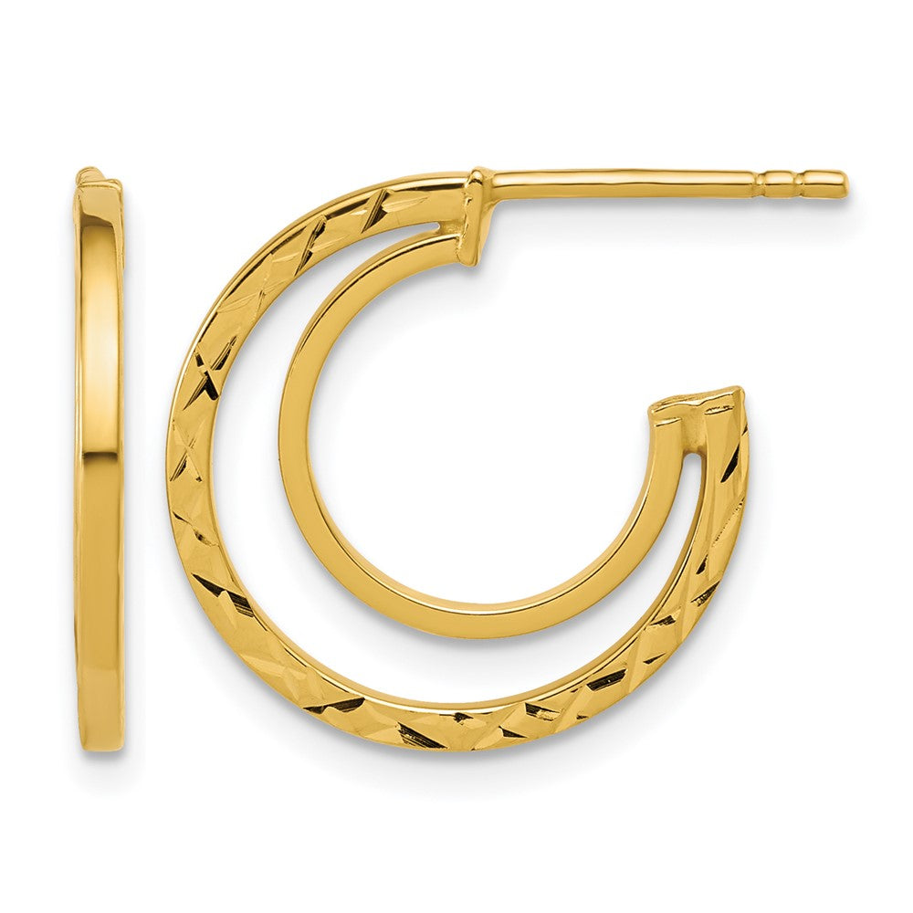 14K Polished and Diamond-cut 2-row J-Hoop Post Earrings
