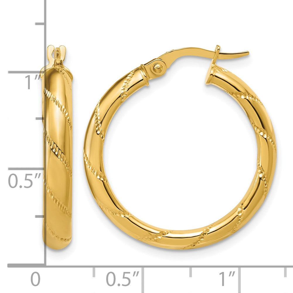14K Polished and Textured Round Hoop Earrings