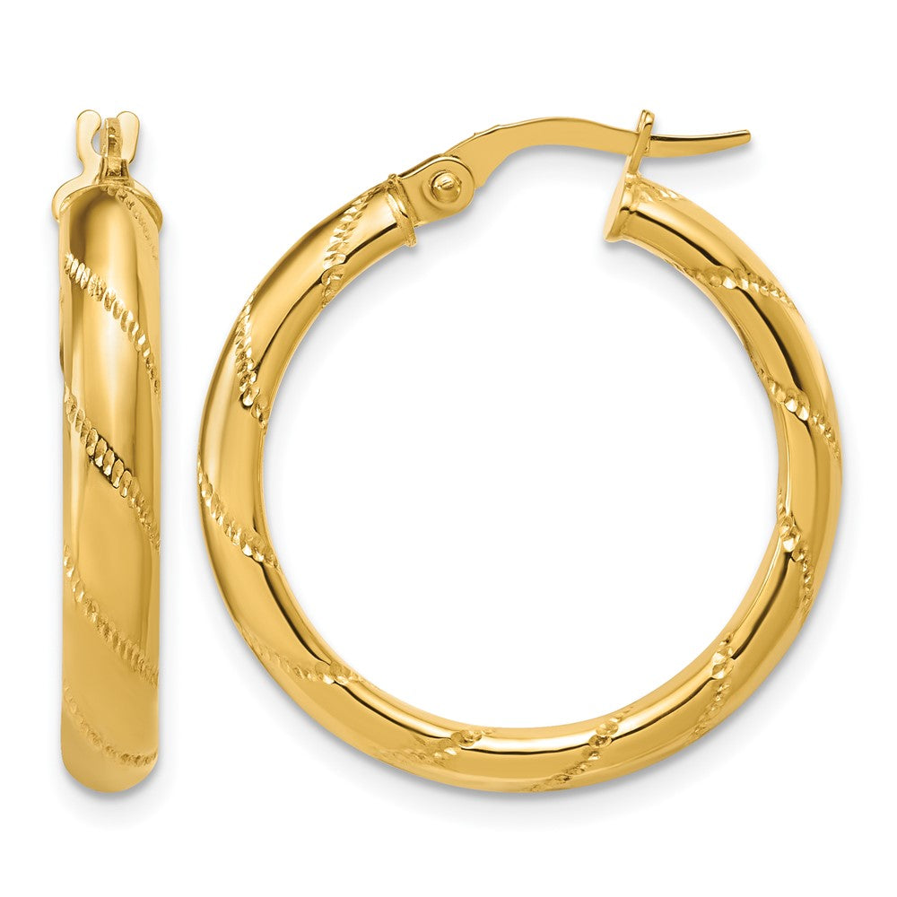 14K Polished and Textured Round Hoop Earrings