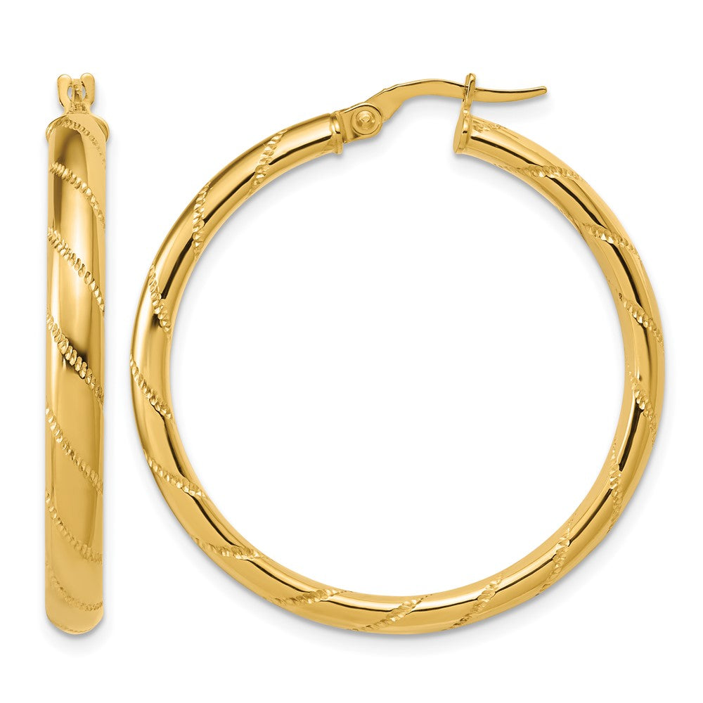 14K Polished and Textured Round Hoop Earrings