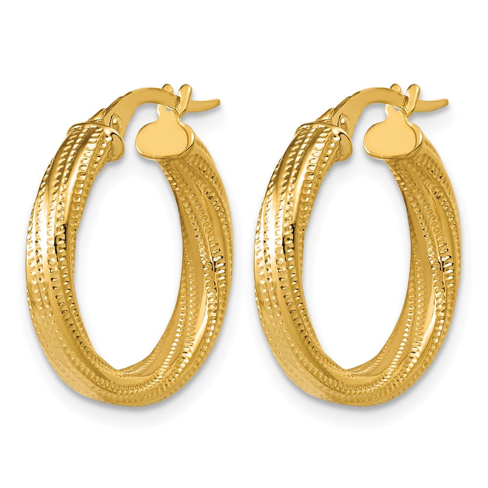 14K Polished / Textured and Twisted Round Hoop Earrings