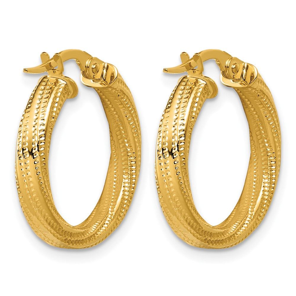 14K Polished / Textured and Twisted Round Hoop Earrings