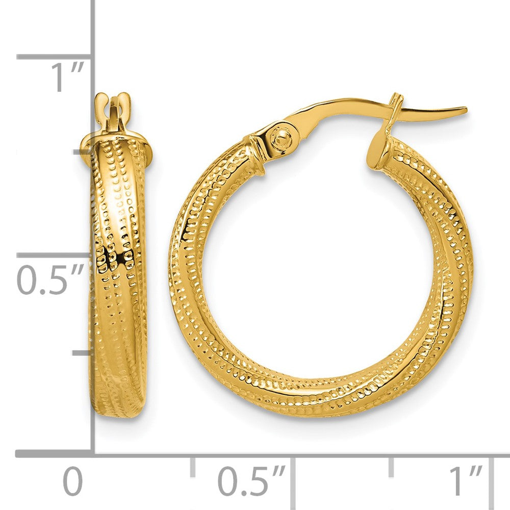 14K Polished / Textured and Twisted Round Hoop Earrings