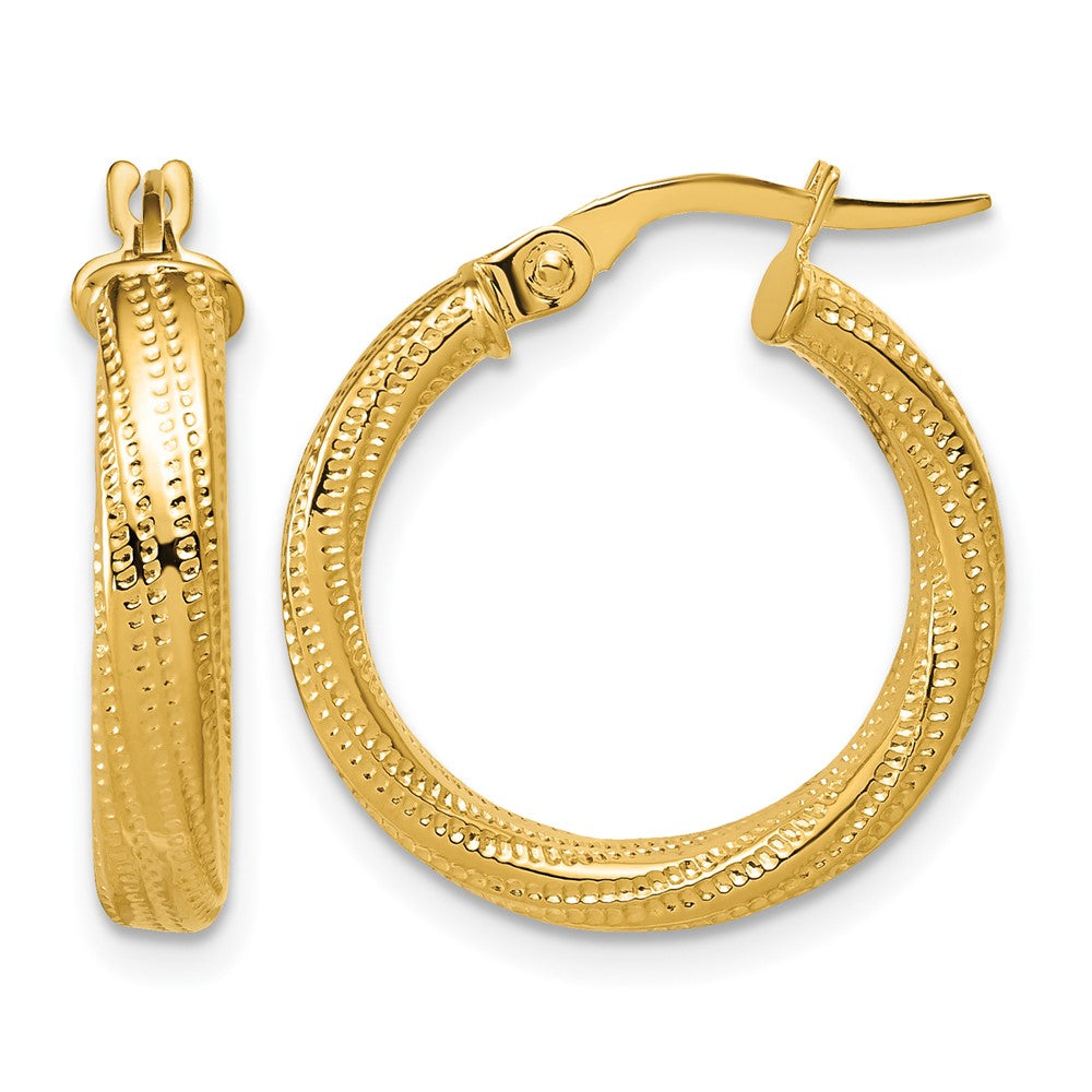 14K Polished / Textured and Twisted Round Hoop Earrings