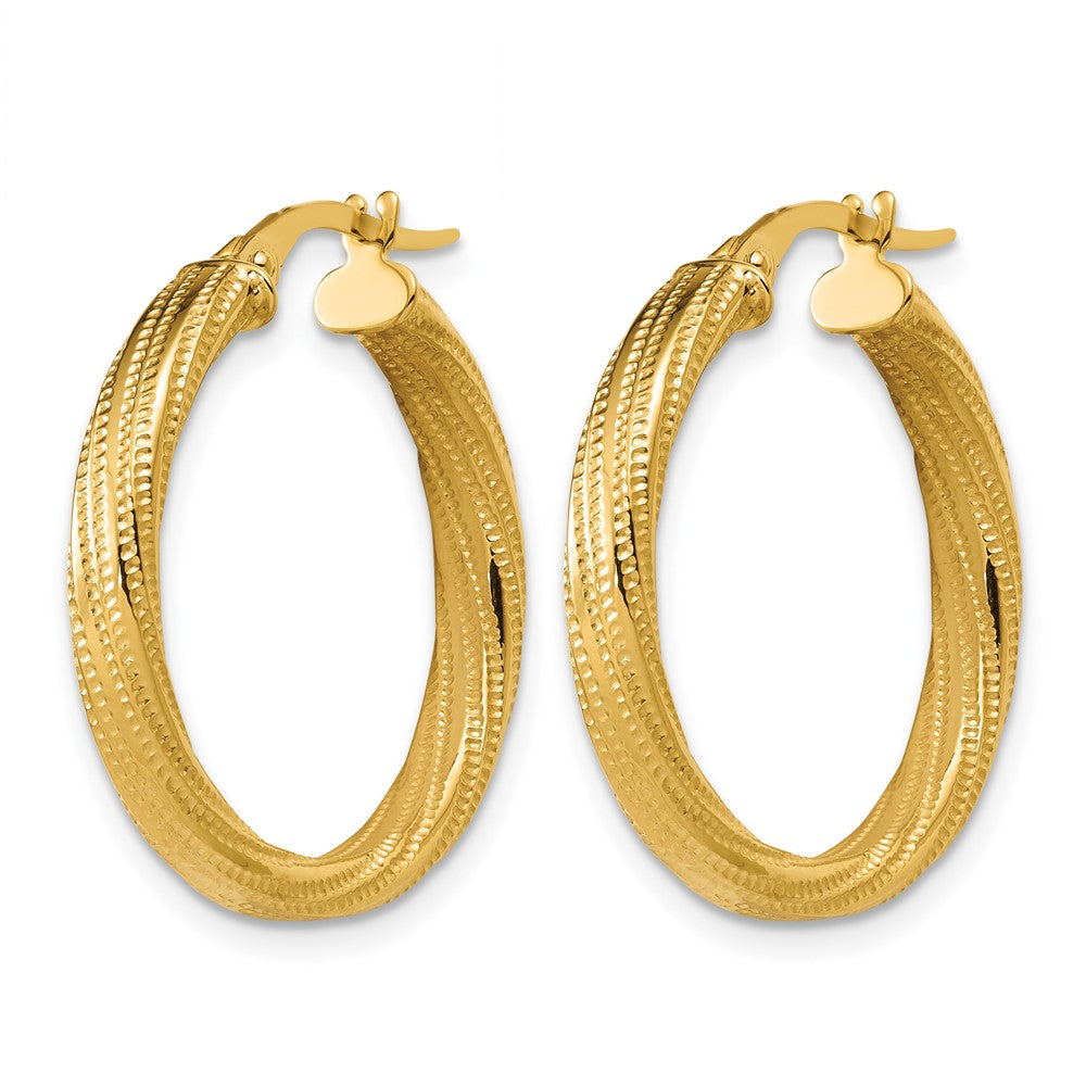 14K Polished / Textured and Twisted Round Hoop Earrings