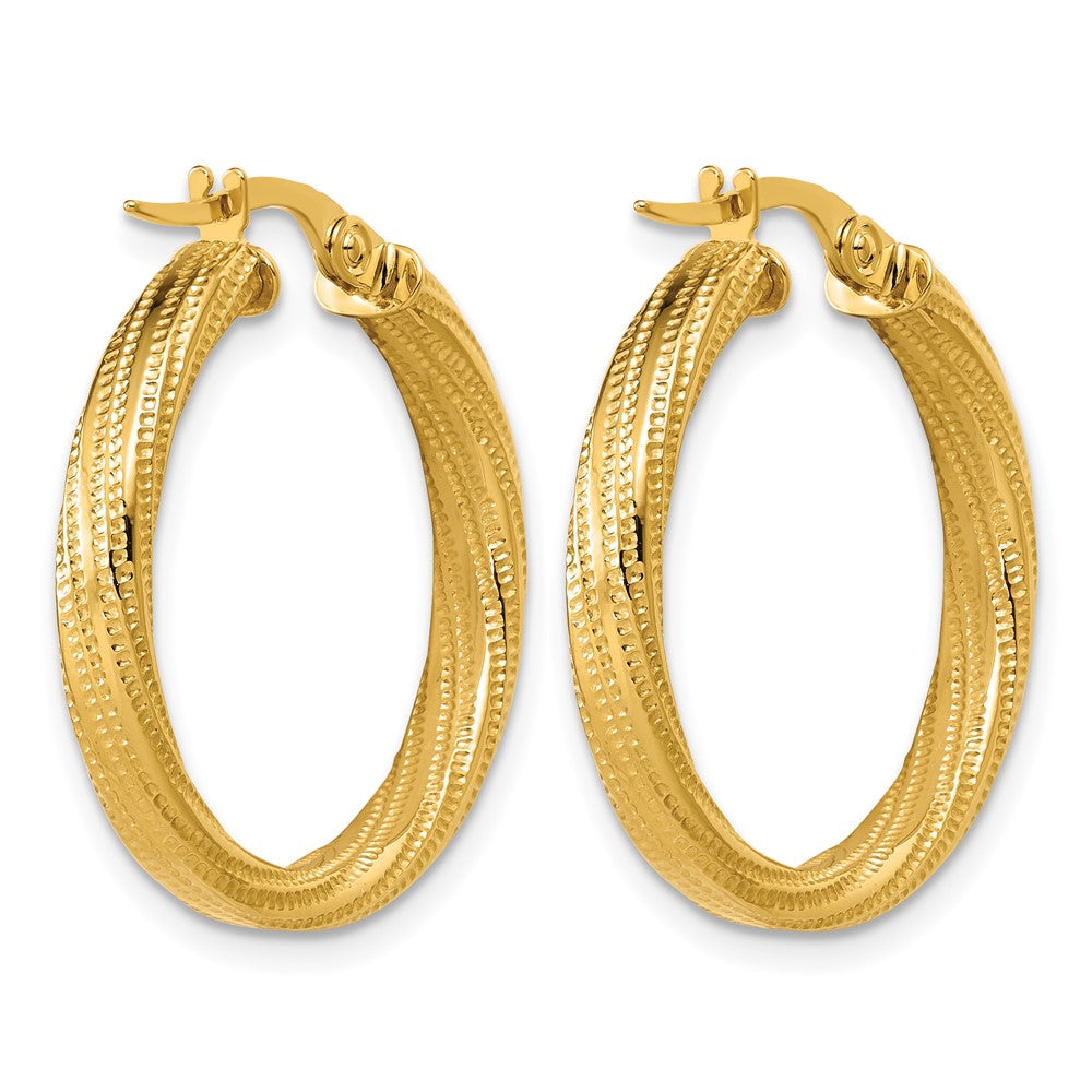 14K Polished / Textured and Twisted Round Hoop Earrings