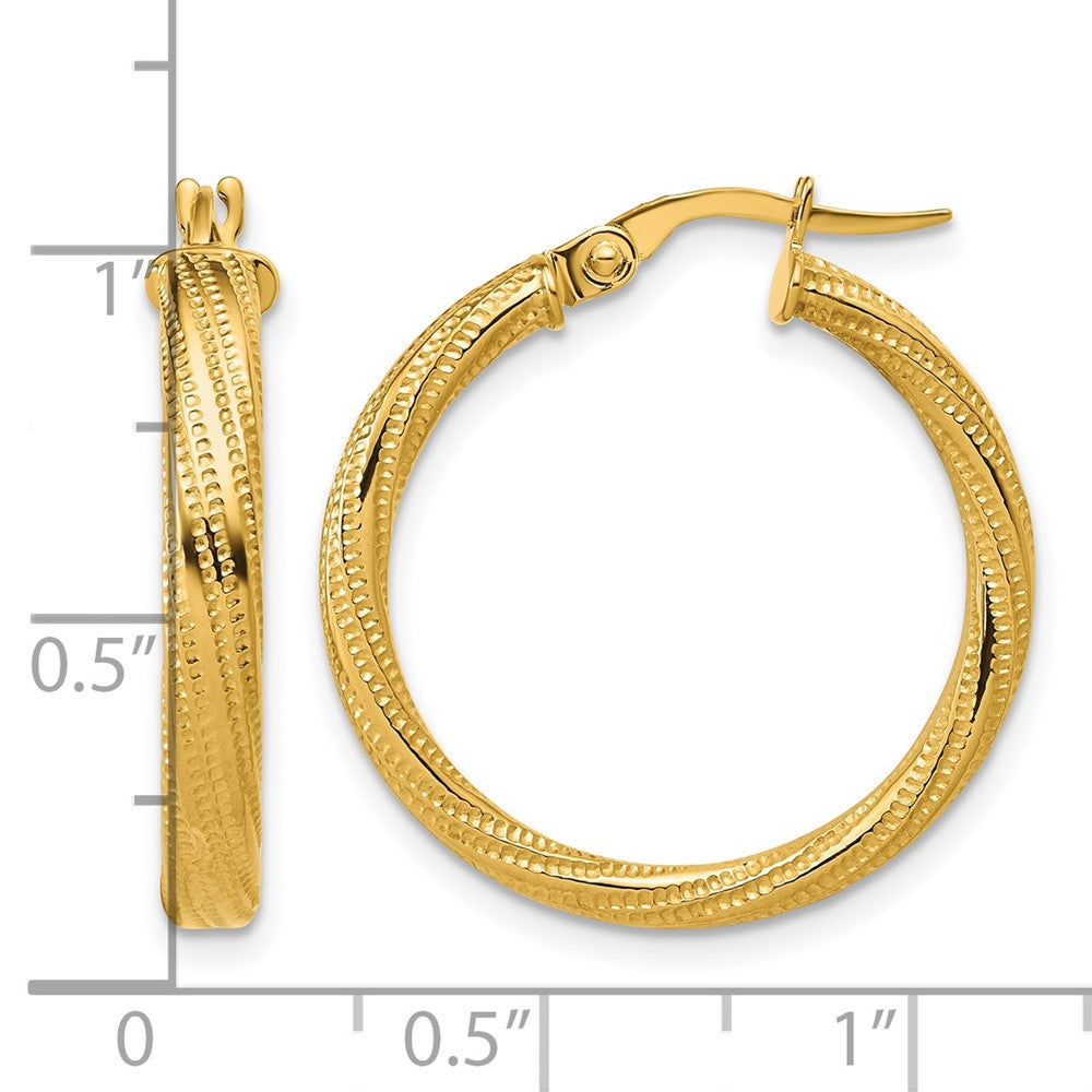 14K Polished / Textured and Twisted Round Hoop Earrings