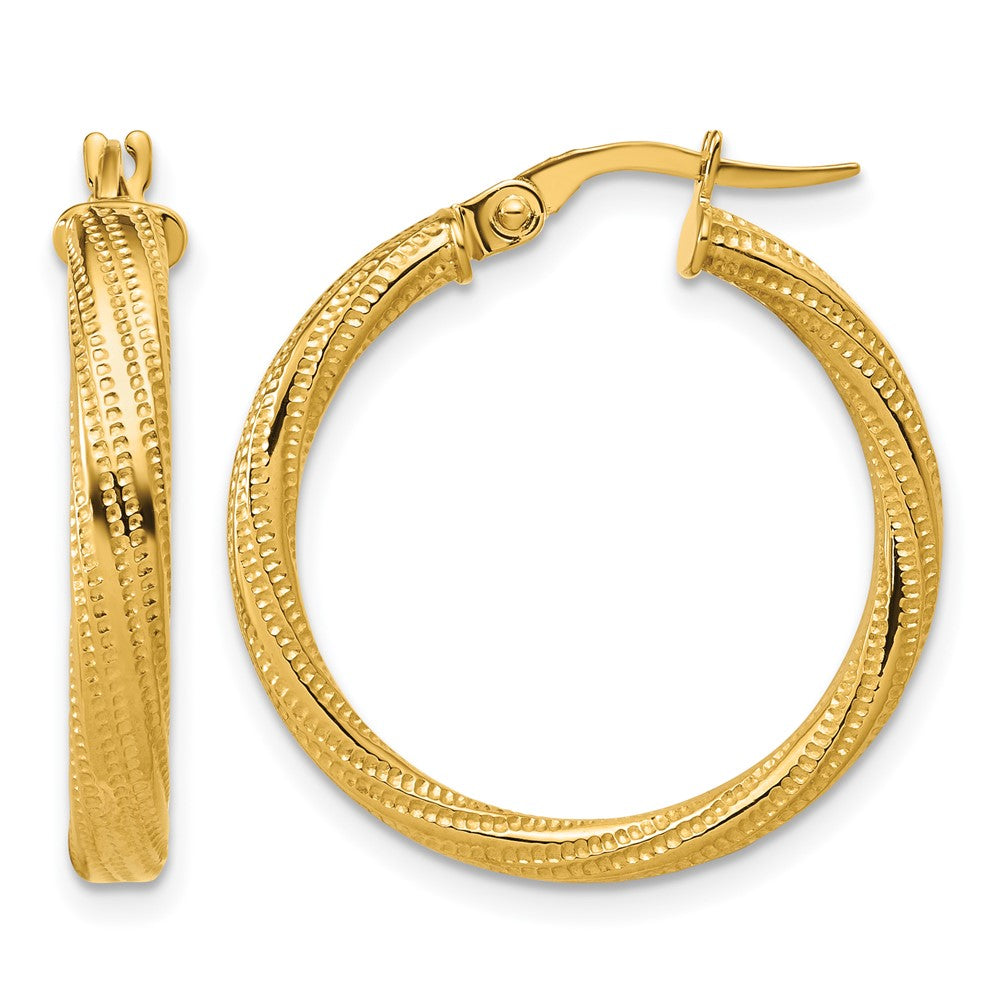14K Polished / Textured and Twisted Round Hoop Earrings