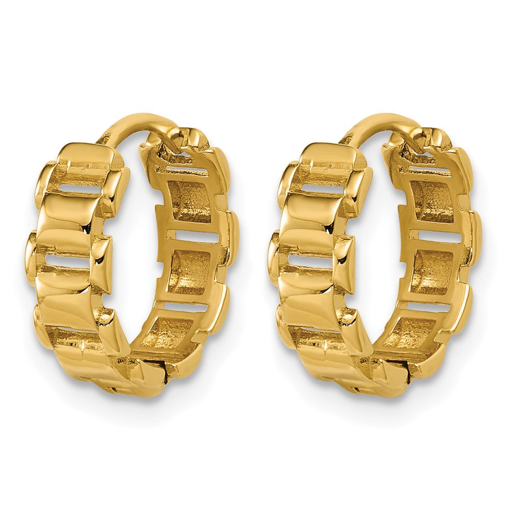 14K Polished Link Pattern Hinged Huggie Hoop Earrings