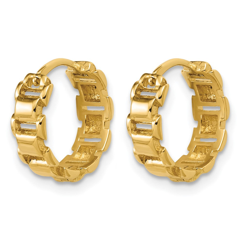 14K Polished Link Pattern Hinged Huggie Hoop Earrings