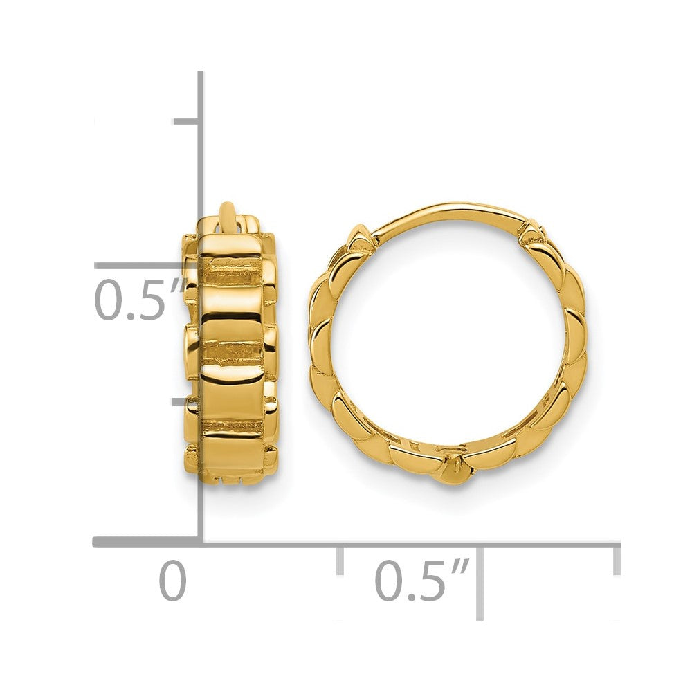 14K Polished Link Pattern Hinged Huggie Hoop Earrings