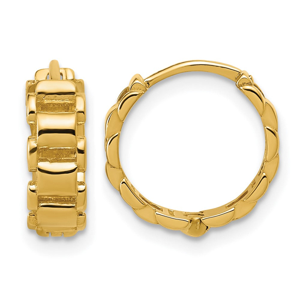 14K Polished Link Pattern Hinged Huggie Hoop Earrings