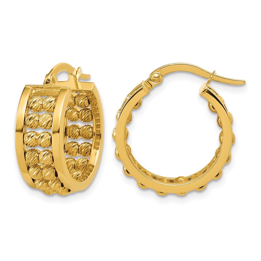 14K Polished and Diamond-cut 2-row Beaded Tube Hoop Earrings
