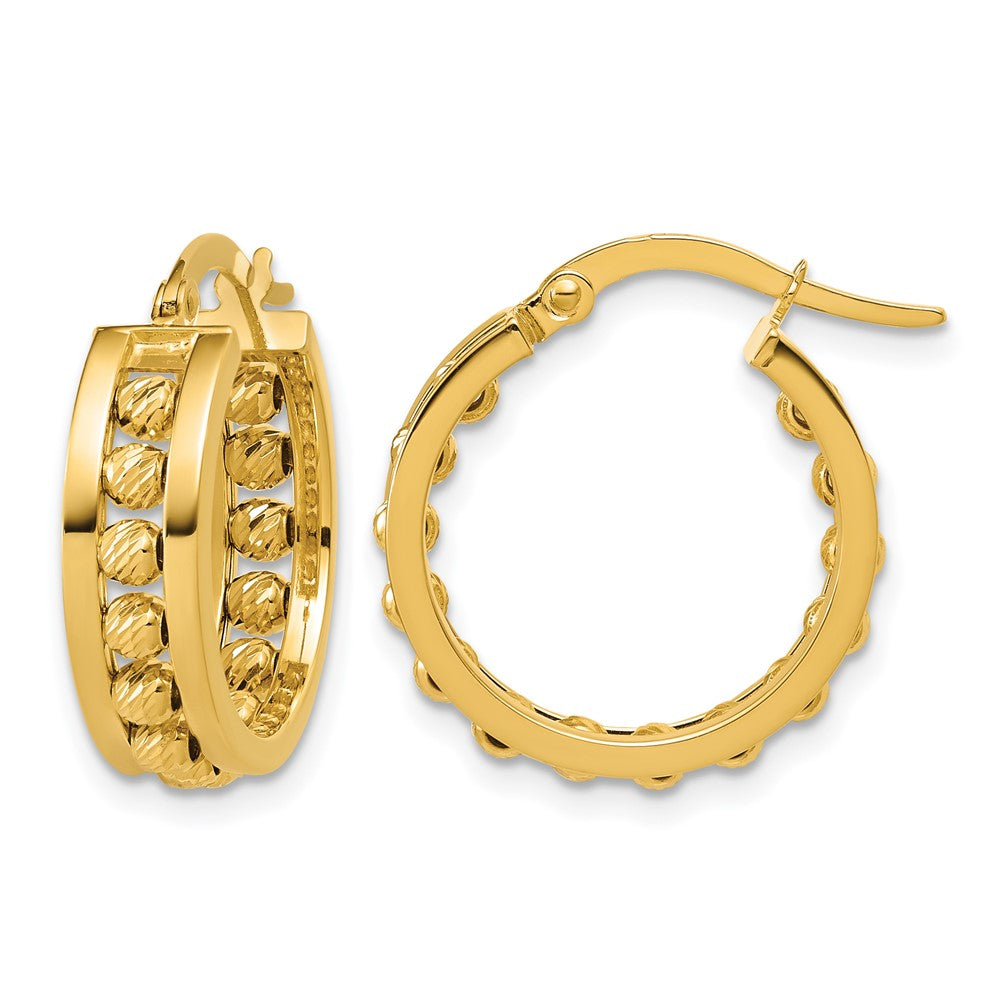 14K Polished and Diamond-cut Beaded Tube Hoop Earrings