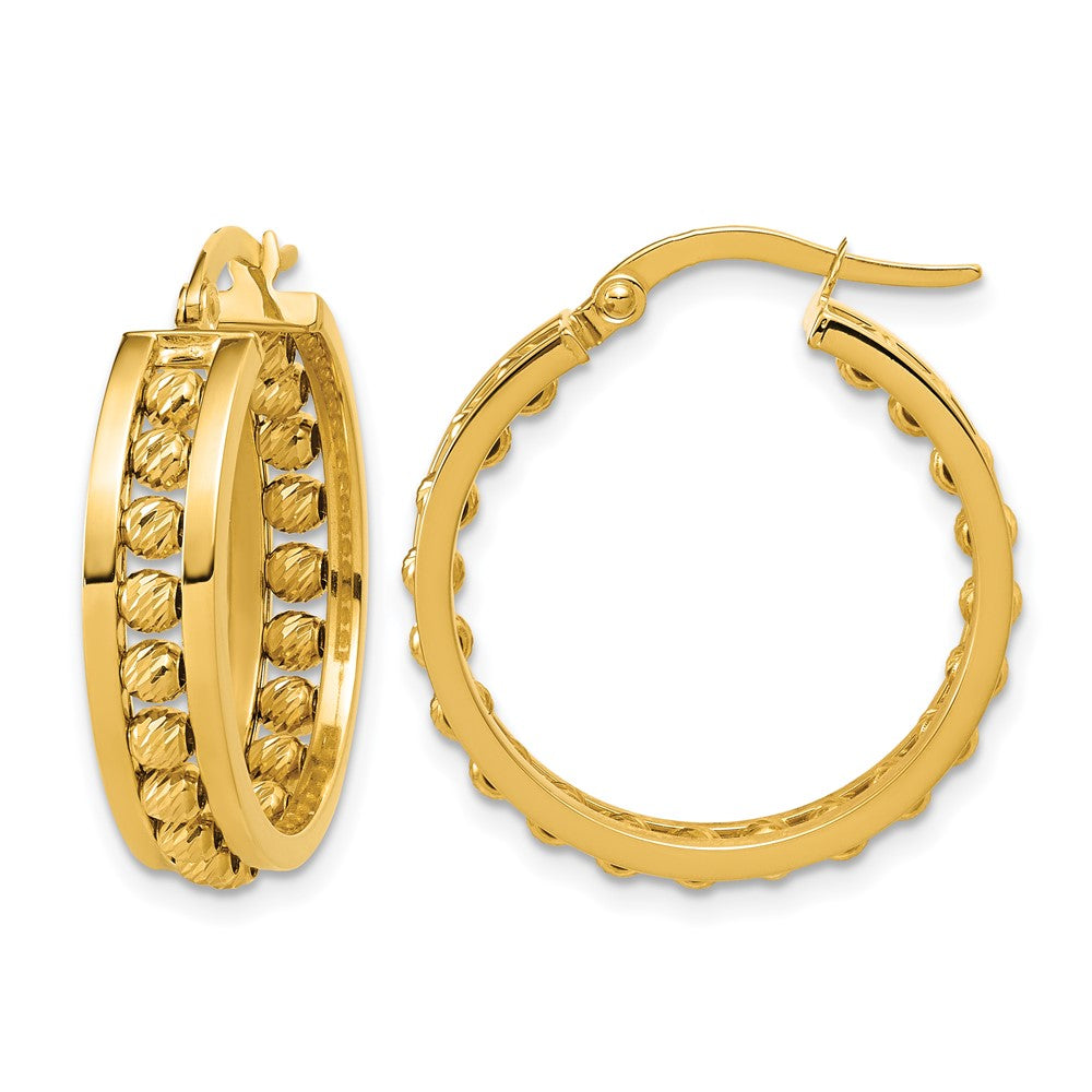 14K Polished and Diamond-cut Beaded Tube Hoop Earrings