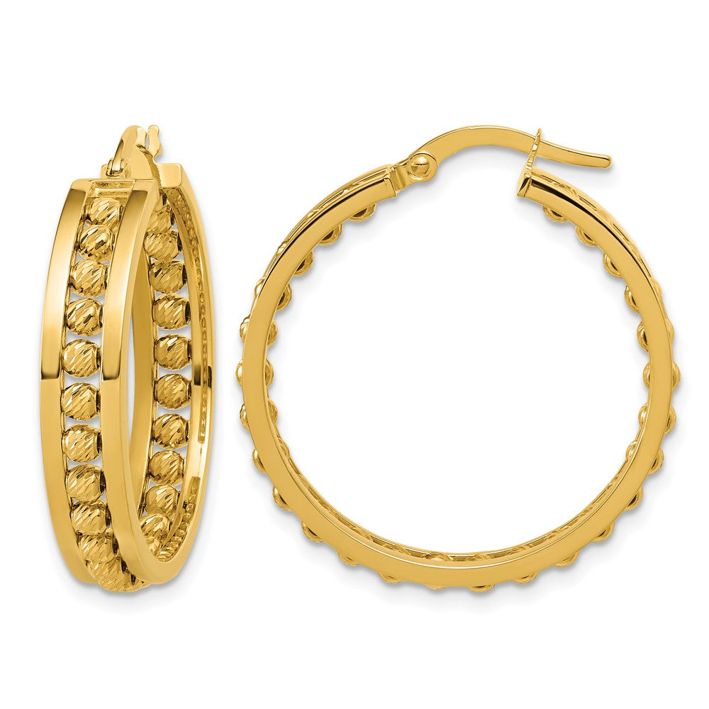 14K Polished and Diamond-cut Beaded Tube Hoop Earrings